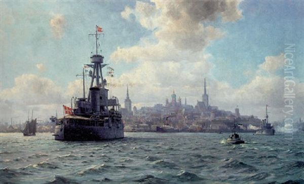 Orlogsskibet Niels Juel Ud For Reval Den Dag Den Danske Eskadre Kom Til Byen 1. Juli 1925 Oil Painting by Christian Benjamin Olsen