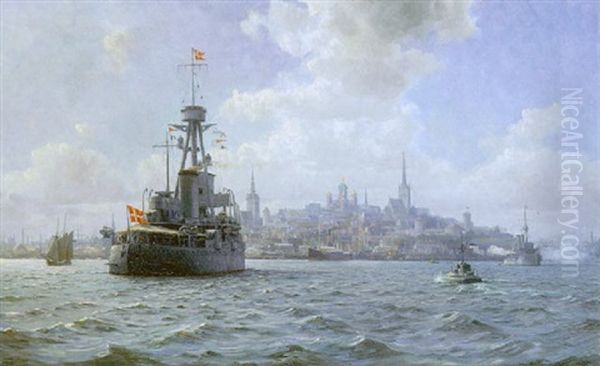 Orlovsskibet Niels Juel, Udfor Reval Oil Painting by Christian Benjamin Olsen