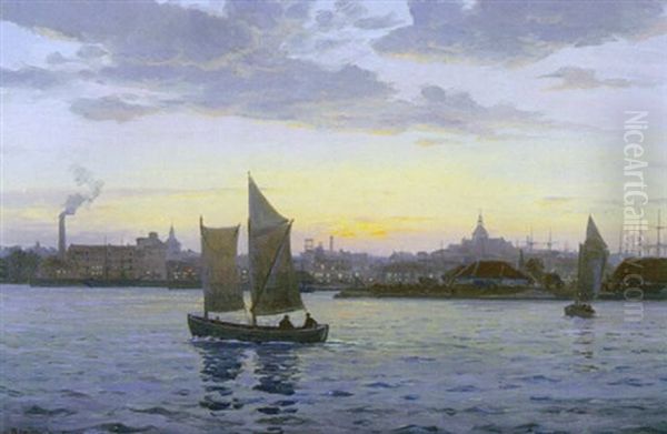 Morgenstemning Med To Sejlskibe For Udadgaende, Ud For Kobenhavns Havn Oil Painting by Christian Benjamin Olsen