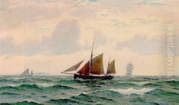 Sejlskib Og Fiskerbade Pa Havet Oil Painting by Christian Benjamin Olsen