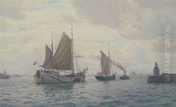 Indsejlingen Til Kobenhavs Havn Med Hollandsk Og Dansk Sejlskib Oil Painting by Christian Benjamin Olsen