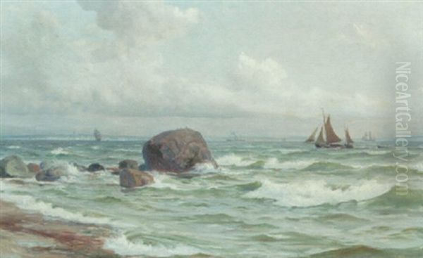 Sejlskibe Ud For Helsingor, I Baggrunden Helsingborg Oil Painting by Christian Benjamin Olsen