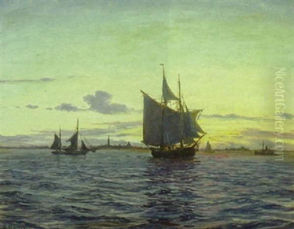 Marine Med Sejlskib Udfor Kobenhavns Havn, Solnedgang Oil Painting by Christian Benjamin Olsen