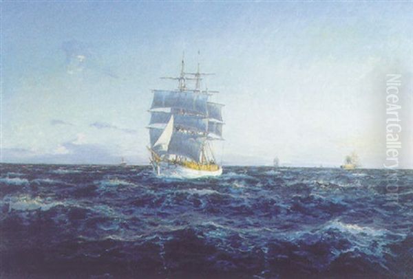 Marine Med Skibe Pa Havet Oil Painting by Christian Benjamin Olsen