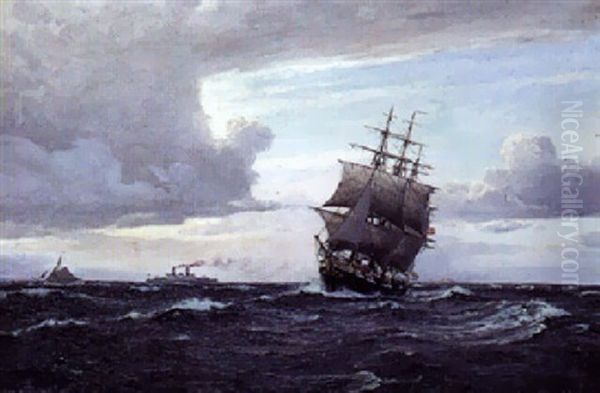 Marine Med Tremaster Sejlskib Og Damper Oil Painting by Christian Benjamin Olsen