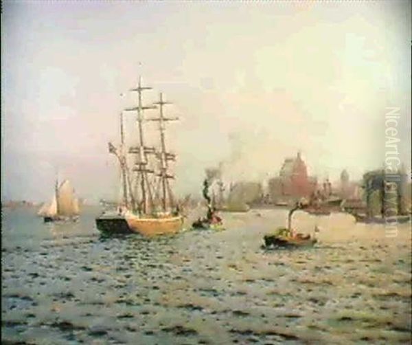 Norsk Bark Star Ind I Kobenhavns Havn Oil Painting by Christian Benjamin Olsen