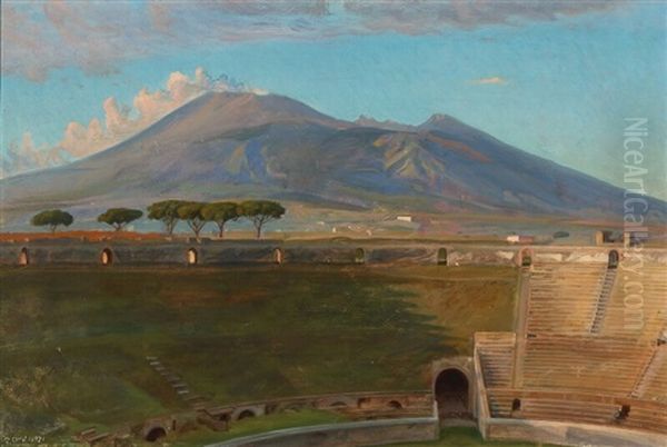 The Amphitheatre In Pompeii, With Vesuvius In The Distance Oil Painting by Peter Olsen-Ventegodt