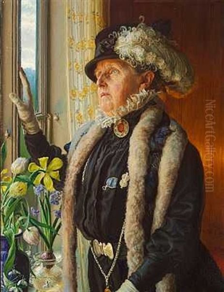 En Aeldre Dame I Sort Kjole Prydet Med Adskillige Smykker Ser Ud Af Vinduet Oil Painting by Peter Olsen-Ventegodt