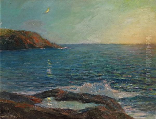 Crescent Moon Over The Coast Oil Painting by Julius Olsson