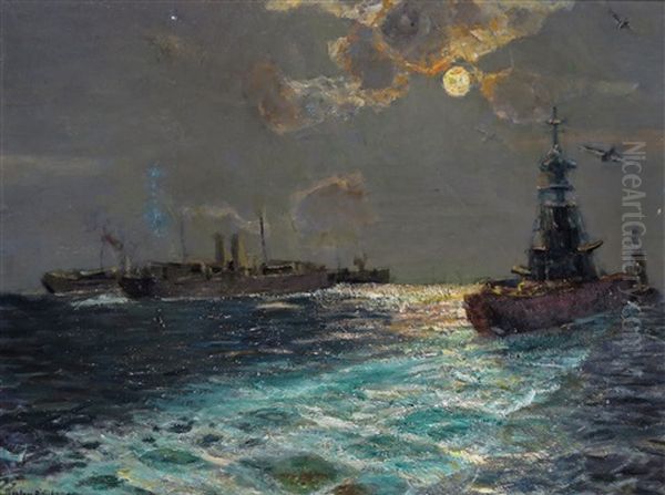 Warships In Moonlight Oil Painting by Julius Olsson