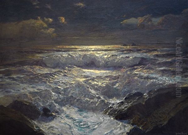 Moonlit Waves On The Shore With The Longships Lighthouse, Land's End, Cornwall Oil Painting by Julius Olsson