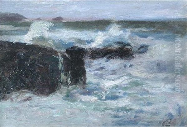 A Rough Sea Breaking On The Rocks Oil Painting by Julius Olsson