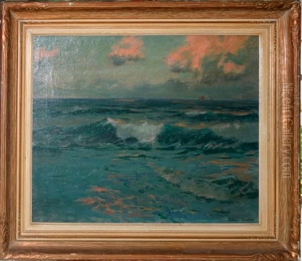 Seascape With Ships In Distance Oil Painting by Julius Olsson