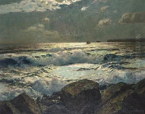 Moonlight On The Cornish Coast Oil Painting by Julius Olsson