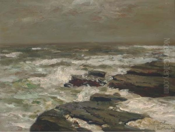 Waves Off Filey Brigg, North Yorkshire Oil Painting by Julius Olsson