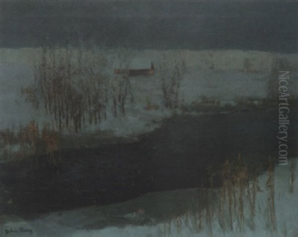 A Riverside Cottage In A Winter Landscape At Night by Julius Olsson