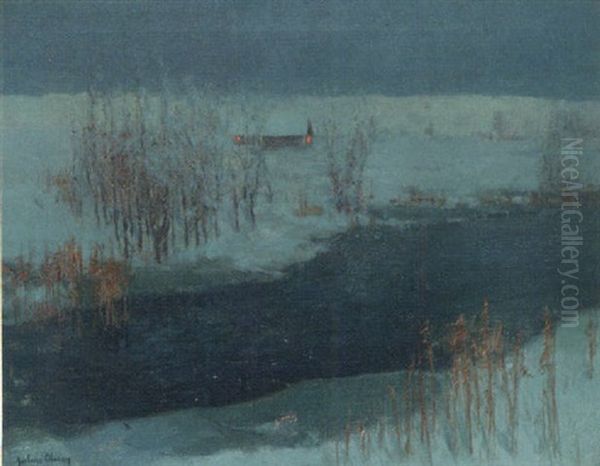 A Riverside Cottage In A Winter Landscape At Night by Julius Olsson