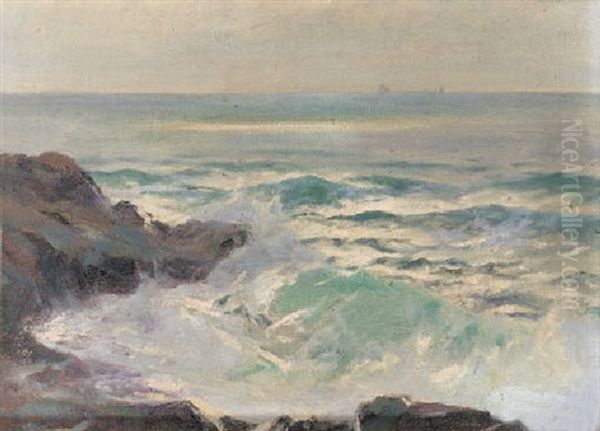 Waves Breaking Onto A Rocky Shore Oil Painting by Julius Olsson