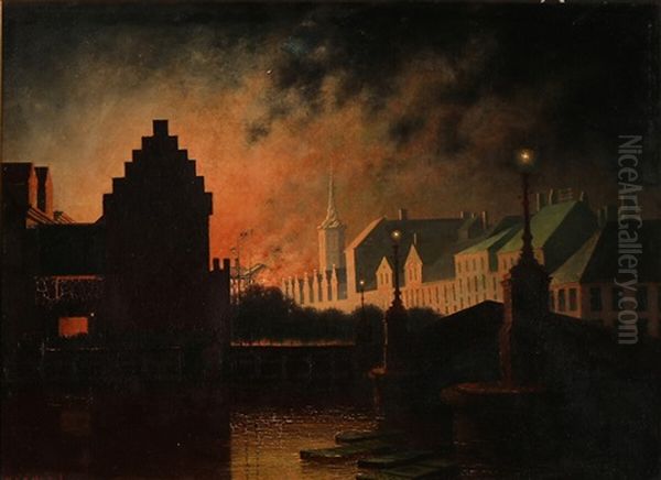 The Fire At Christiansborg Castle In 1884 Oil Painting by Peter Olsted