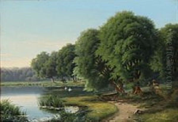 A Summer Day Near A Forest Lake Oil Painting by Peter Olsted