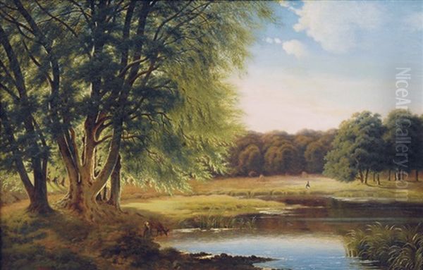 Lake In A Forest Oil Painting by Peter Olsted