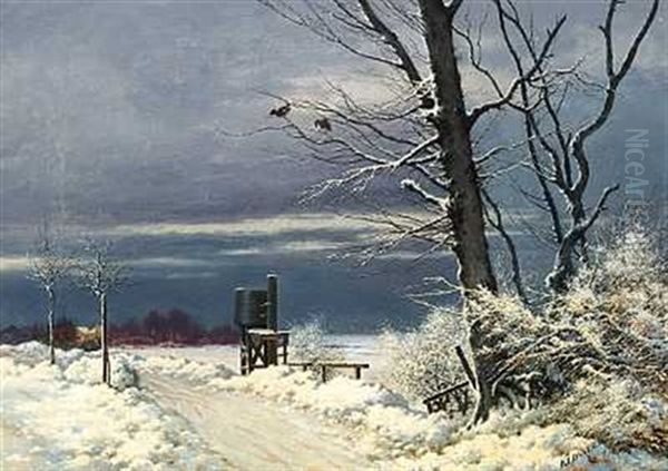 Vinterlandskab Oil Painting by Peter Olsted