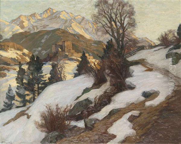 Alpenlandschaft Mit Burgruine Im Vorfruhling Oil Painting by Carl (Karl, Charles) O'Lynch of Town