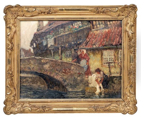 Wascherinnen Am Kanal Oil Painting by Carl (Karl, Charles) O'Lynch of Town