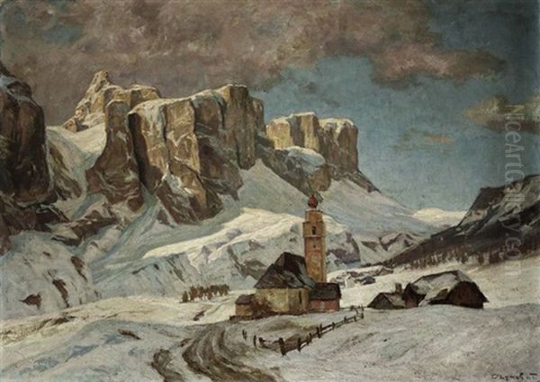 Die Kirche Von Colfosco Vor Der Sellagruppe Oil Painting by Carl (Karl, Charles) O'Lynch of Town