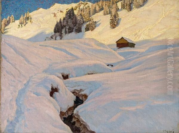 Winterlandschaft Im Walserthal Oil Painting by Carl (Karl, Charles) O'Lynch of Town