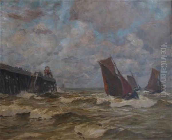 Boats By A Pier Oil Painting by Carl (Karl, Charles) O'Lynch of Town