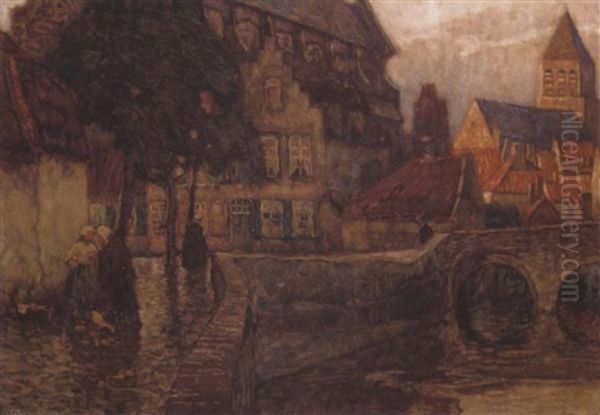 Alter Stadtplatz In Brugge Oil Painting by Carl (Karl, Charles) O'Lynch of Town