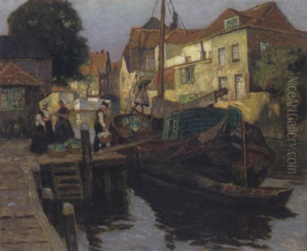 Gracht In Einer Hollandischen Stadt Oil Painting by Carl (Karl, Charles) O'Lynch of Town