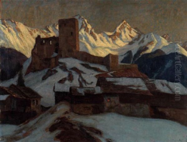 Abendstimmung Uber Bergruine Mit Dorf In Den Alpen Oil Painting by Carl (Karl, Charles) O'Lynch of Town