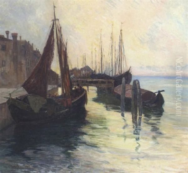 Fischerboote In Einem Italienischen Hafen (chioggia?) Oil Painting by Carl (Karl, Charles) O'Lynch of Town