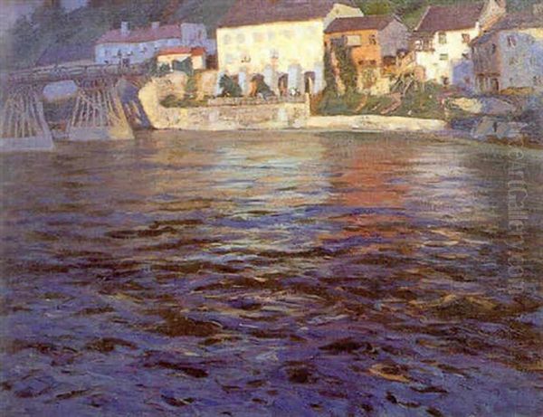 Houses Along A Riverbank Oil Painting by Carl (Karl, Charles) O'Lynch of Town