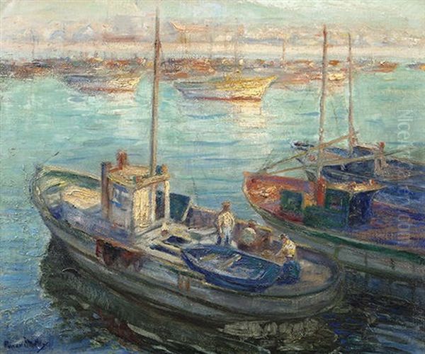 Fishing Boats In A Harbour Oil Painting by Michael Augustin Power O'Malley