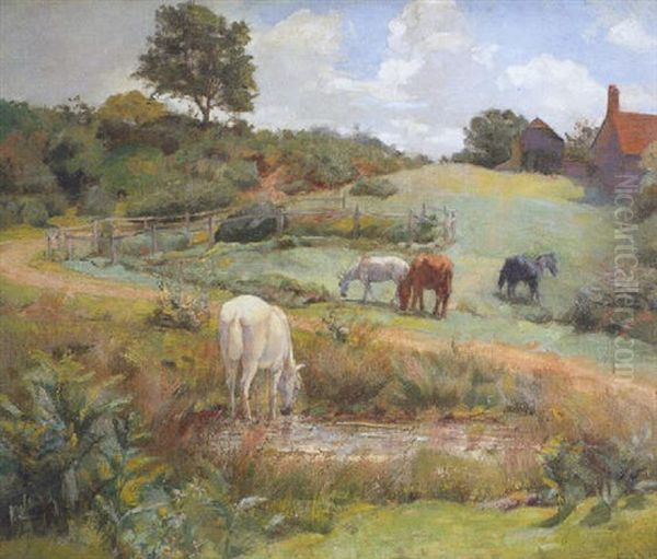 Horses Grazing In A Landscape Oil Painting by Frank O'Meara