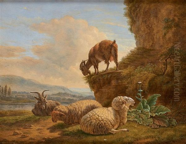 Boucs Et Moutons Sur Fond De Paysage Avec Riviere Oil Painting by Balthasar Paul Ommeganck