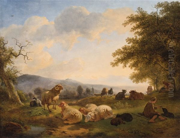 A Shepherd And His Flock Of Sheep And Goats Resting Near Some Trees In A Panoramic Landscape At Sunset Oil Painting by Balthasar Paul Ommeganck