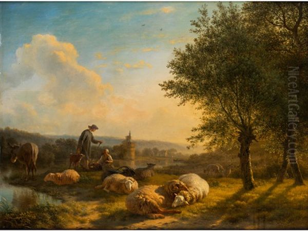 Abendliche Landschaft Mit Schafhirten, Schafen Und Esel Oil Painting by Balthasar Paul Ommeganck