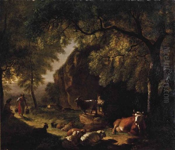 A Shepherd And A Milkmaid Tending To Their Flock Oil Painting by Balthasar Paul Ommeganck