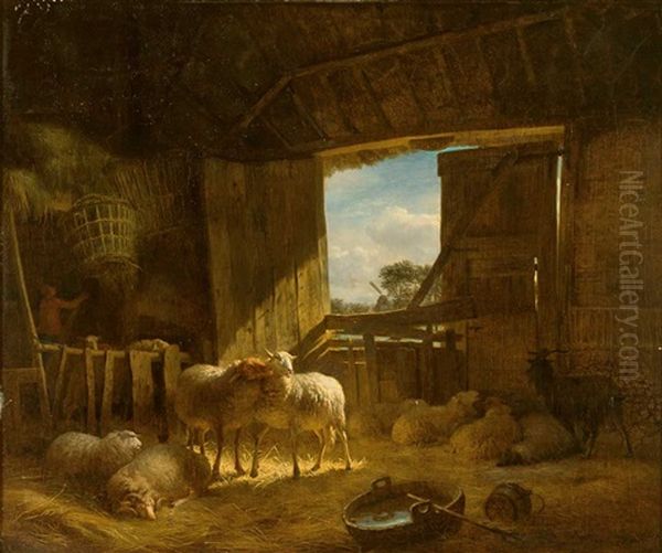 Das Bauerliche Genre Gibt Einen Idyllischen Stall Wieder, In Dem Mehrere Schafe, Widder Und Ziegenbocke Den Vordergrund Einnehmen Oil Painting by Balthasar Paul Ommeganck