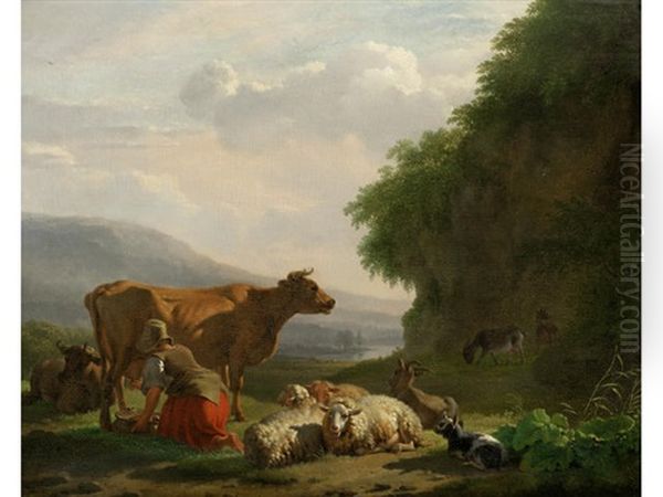 A Milkmaid With Her Flock, In An Extensive Landscape Oil Painting by Balthasar Paul Ommeganck