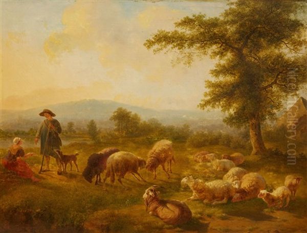 River Landscape With Shepherds And Their Flock Oil Painting by Balthasar Paul Ommeganck