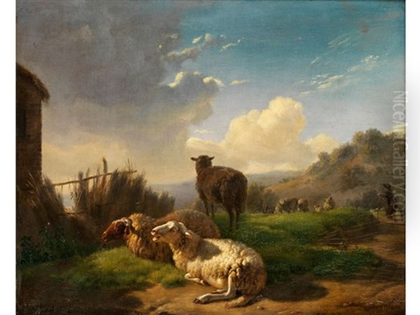 Schafe Und Hirte In Hugeliger Landschaft Oil Painting by Balthasar Paul Ommeganck