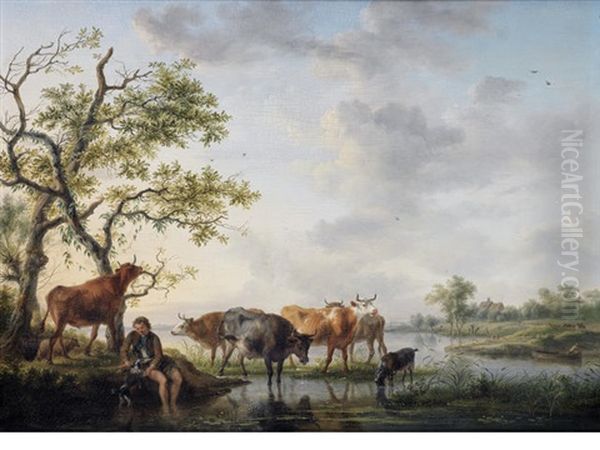 A River Estuary With A Drover And His Flock By The Bank, A Boat, Bathers And A Cottage Beyond Oil Painting by Balthasar Paul Ommeganck