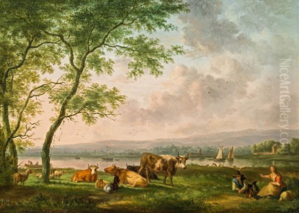 Hirte Mit Viehherde Am Flussufer Oil Painting by Balthasar Paul Ommeganck