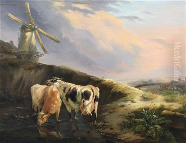 Cattle Watering Before A Windmill Oil Painting by Balthasar Paul Ommeganck