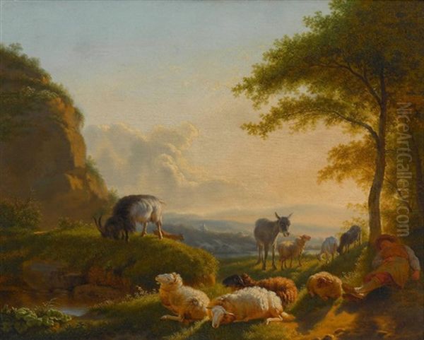 Ruhender Hirte Mit Esel, Schafen Und Ziegen Oil Painting by Balthasar Paul Ommeganck